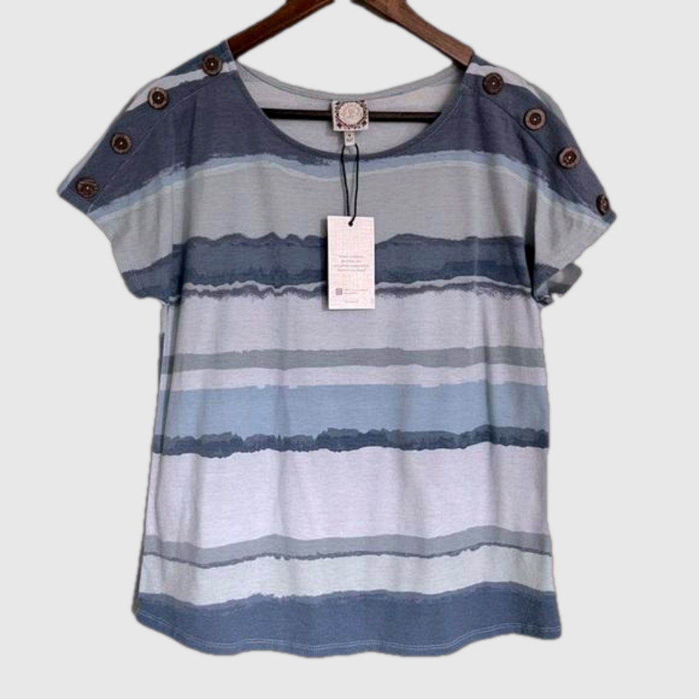 Tru Self Abstract Stripe Dolman T-Shirt with Button Shoulder Women’s Size S